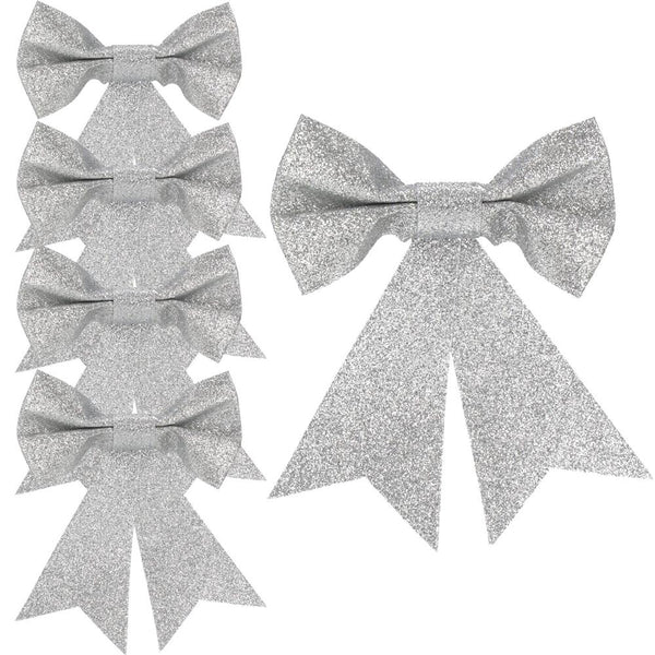 Set 4 ornamente pentru bradul de Craciun, fundita, 13cm, argintiu