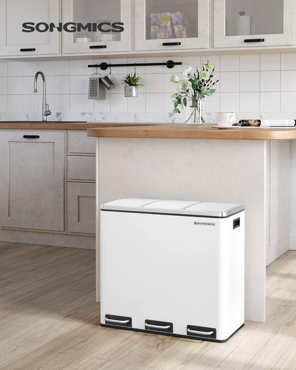 SONGMICS Cos de gunoi din inox cu 3 compartimente colectare selectiva, cu galeti interioare, 3x18litri, 62x32x56cm, alb
