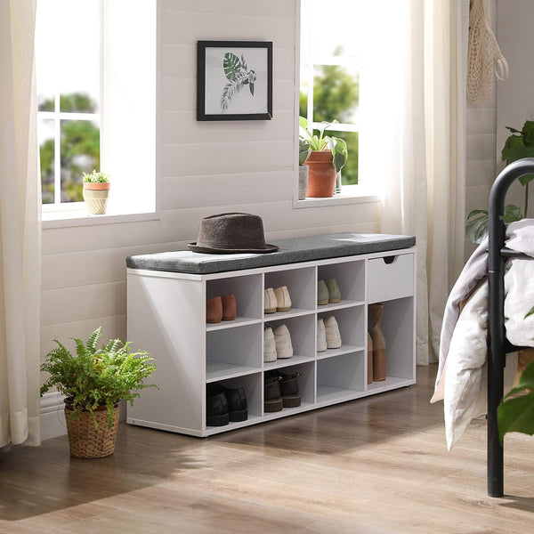 VASAGLE Banca de depozitare cu suport pentru pantofi, 10 compartimente si dulap, cu perna, 30x104x48cm, alb