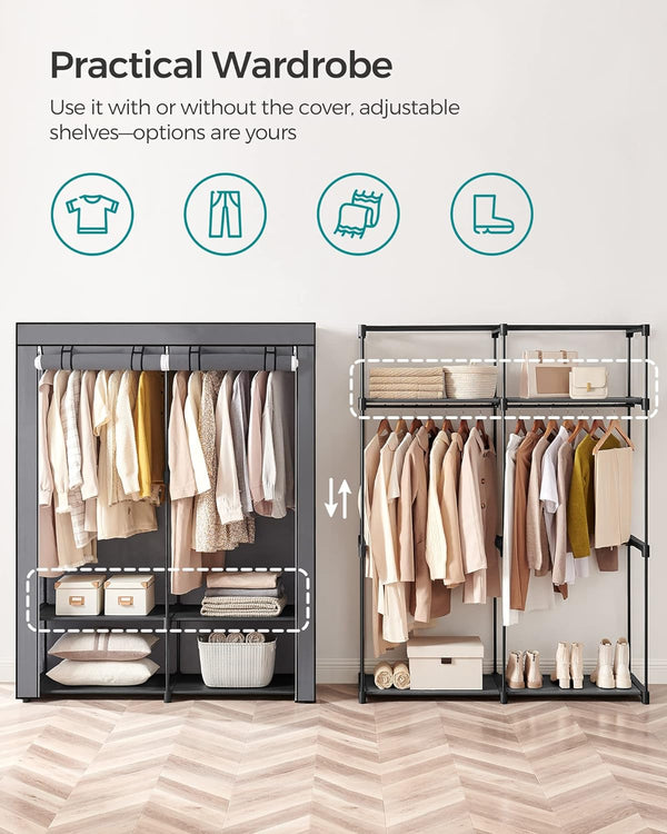 SONGMICS Garderoba pentru depozitarea hainelor, din material textil, cu 2 bare pentru umerase, 43x140x174cm, gri