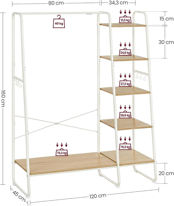 VASAGLE Raft pentru haine cu suport pentru pantofi, 5 polite, 6 carlige laterale, 45x120x160cm, alb