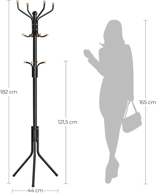 VASAGLE Cuier pentru haine, din otel, tip pom, cu 12 carlige, 182cm, negru