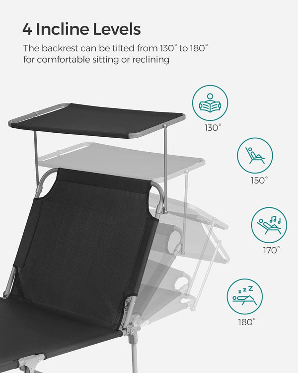 SONGMICS Sezlong pliabil, cu parasolar si tetiera, spatar reglabil in 4 pozitii, maxim 150kg, 193x53x29cm, negru