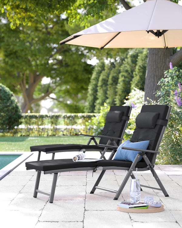 SONGMICS Sezlong pliabil, cu saltea groasa si tetiera, spatar reglabil, maxim 150kg, 183x60x39cm, negru