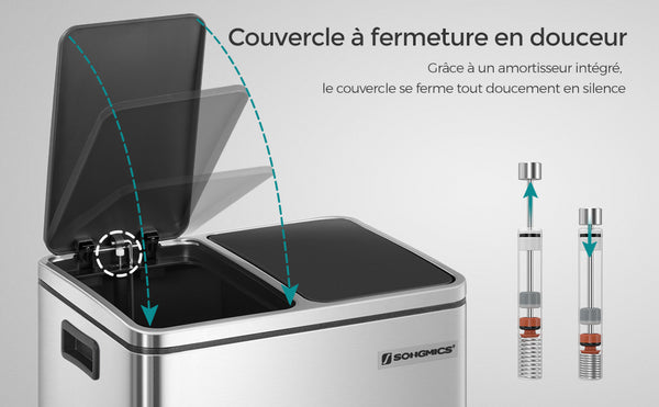 SONGMICS Cos de gunoi din inox cu 2 compartimente colectare selectiva, cu galeti interioare, 2x15litri, argintiu si negru