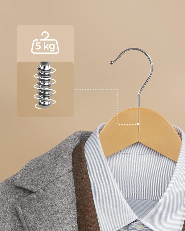 SONGMICS Set de 20 umerase din lemn, cu bara anti-alunecare pentru pantaloni, carlig pivotant la 360°, 45cm, natur