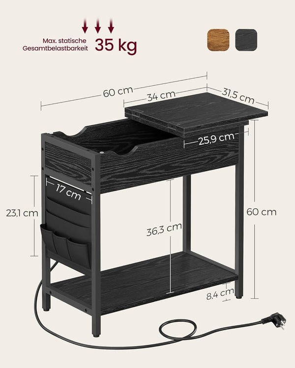 VASAGLE Masa laterala pliabila, tip noptiera, cu prize si porturi USB, raft si geanta din textil, 60x32x60 cm, negru