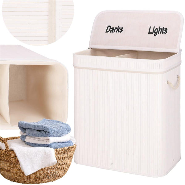 Cos de rufe din bambus cu capac, 2 compartimente, sac detasabil, volum 100L, 54x35x60cm, alb