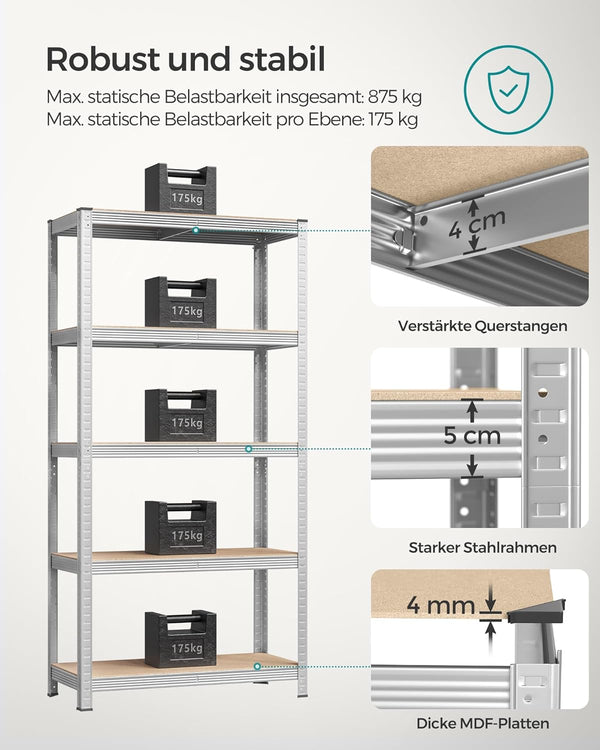 SONGMICS Raft de depozitare metalic, cu suprafata galvanizata, 5 polite, max. 875 kg, 180x90x40cm, argintiu