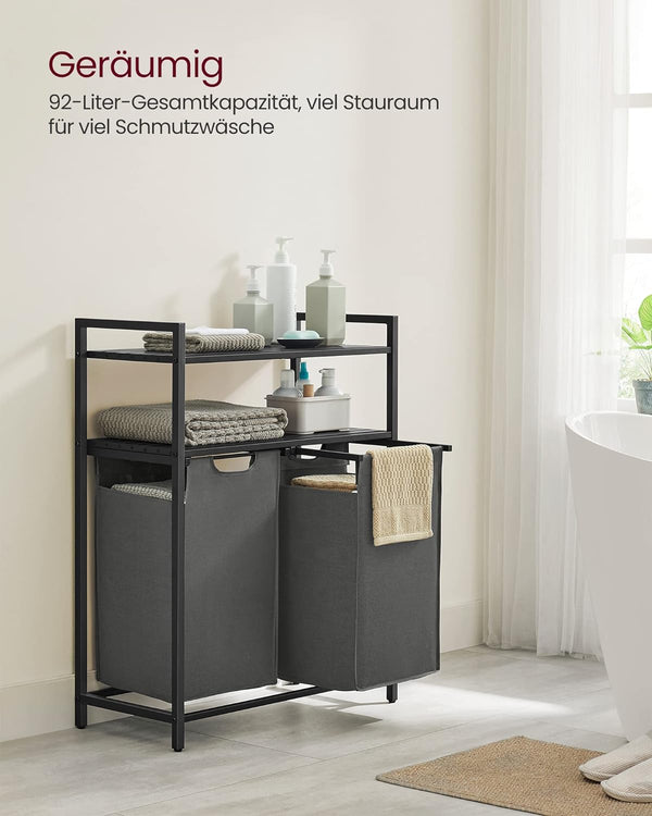 VASAGLE Cos de rufe, cu 2 saci detasabili, 2 rafturi, capacitate de 46L per sac, 73x33x92cm , negru si gri