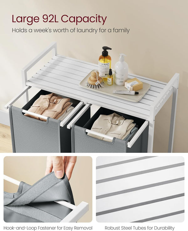 VASAGLE Cos de rufe, 2 compartimente, saci de rufe detasabili, raft, cadru metalic, 2x46L, 73x33x72 cm, alb si gri deschis