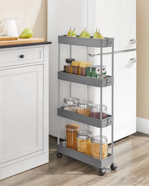 SONGMICS Carucior de depozitare pe roti, pentru bucatarie sau baie, din plastic, cu 4 nivele, 40x13x88cm, gri