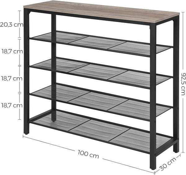 VASAGLE Raft de pantofi metalic, cu 4 nivele plus polita superioara, stil industrial, 100x30x93cm, gri si negru