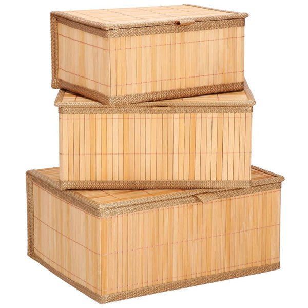 Set 3 cutii organizatoare din bambus, cu capac, diverse dimensiuni, maro