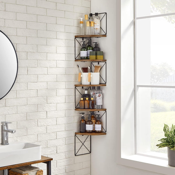 VASAGLE Raft de perete pentru colt, cadru otel cu 5 etaje din MDF, 20x20x128cm, maro rustic si negru