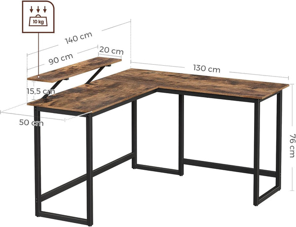 VASAGLE Birou in forma de L cu suport pentru monitor, cadru metalic, 140x130x76cm, maro rustic