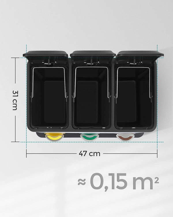 SONGMICS Cos de gunoi din inox cu 3 compartimente colectare selectiva, cu galeti interioare, 3x8litri, argintiu si negru