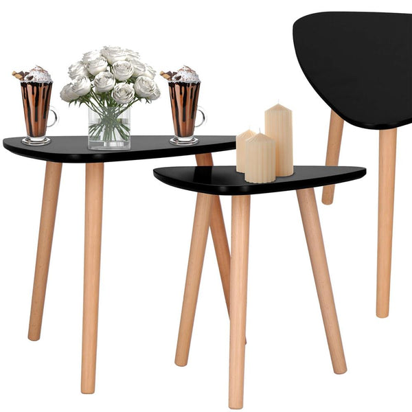 Set 2 mese de cafea, ovale, 54x45 cm si 41x40 cm, Blat MDF, Picioare lemn, Negru