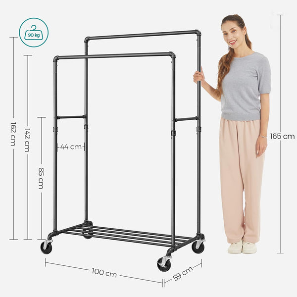 SONGMICS Suport pentru haine, cu raft si sine de agatat duble, cadru metalic, cu roti, 59x100x162cm, industrial, negru