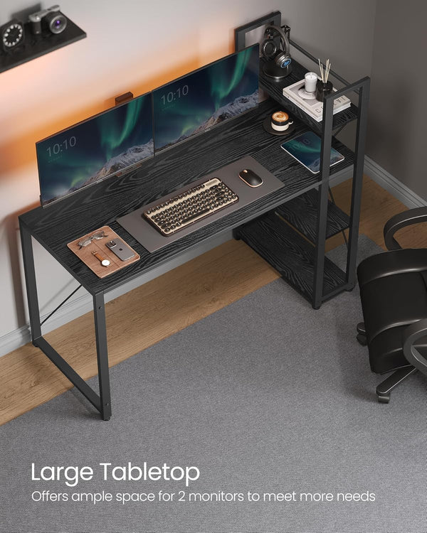 VASAGLE Birou cu raft lateral, montare stanga sau dreapta, industrial, 60x132x119 cm, negru