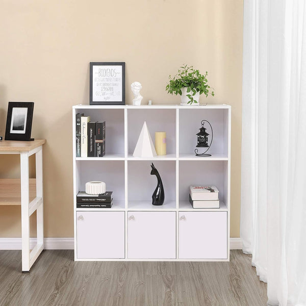 VASAGLE Biblioteca din lemn, cu 9 cuburi, 3 dulapuri inferioare, 98x98x29cm, alb