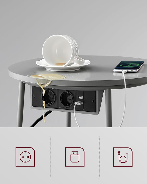 VASAGLE Masuta de cafea rotunda cu cos de stofa, statie de incarcare 2 prize si 2 USB, 45x50cm, gri argintiu