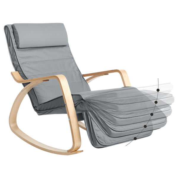 SONGMICS Scaun balansoar din lemn, suport picioare reglabil, maxim 150kg, 67x115x91cm, gri deschis