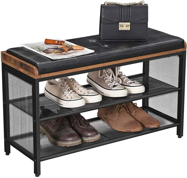 VASAGLE Banca pentru hol, cu raft suport de pantofi, sezut captusit imitatie piele, design industrial, 30x80x48cm, negru cu maro