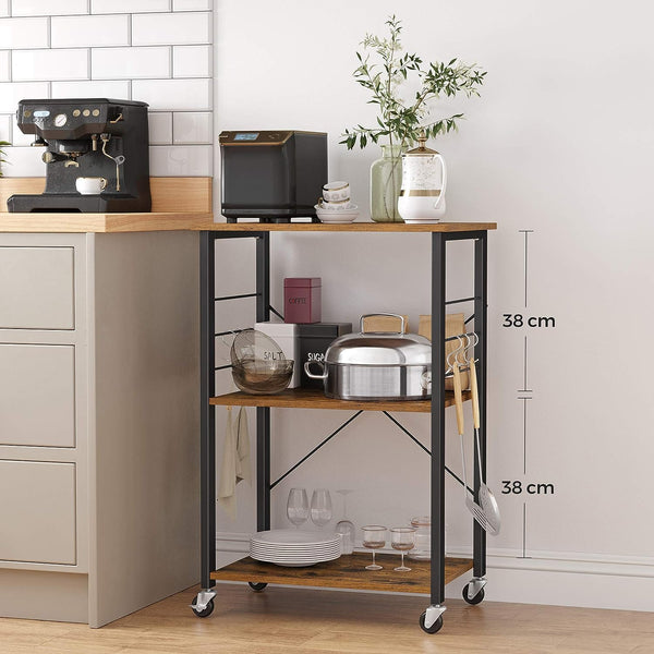 VASAGLE Raft de bucatarie pe roti, carucior de servire cu 3 rafturi, cadru metalic, 40x60x89cm design industrial, maro rustic