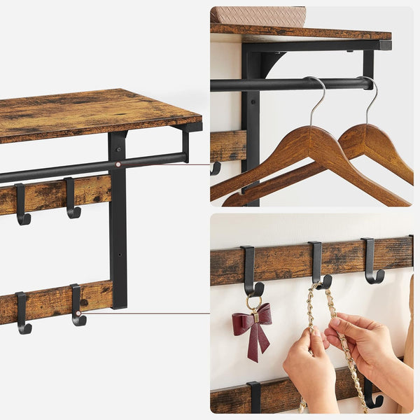 VASAGLE Raft de perete tip cuier, 10 carlige detasabile, sina pentru haine, 30x65x42cm, maro rustic si negru