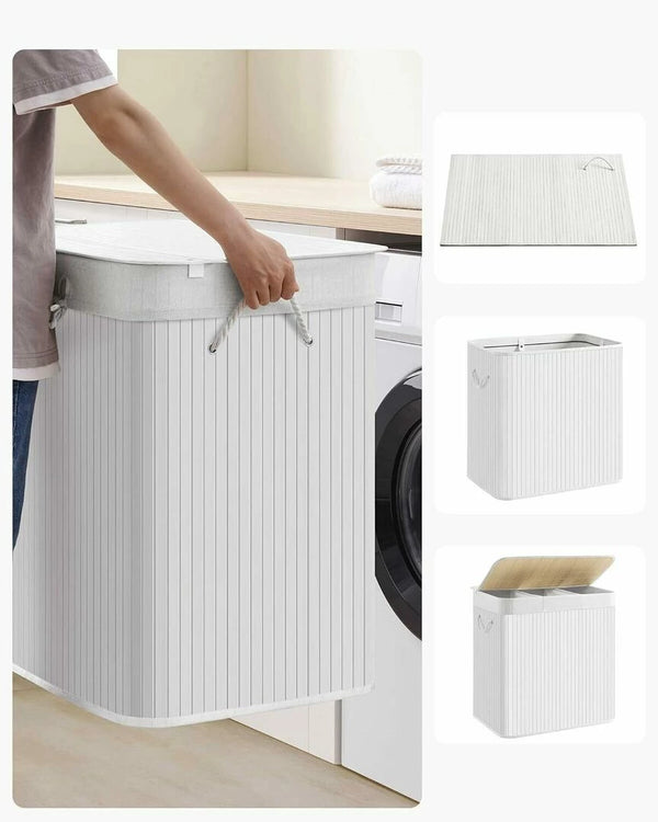 SONGMICS Cos de rufe din bambus, pliabil, cu captuseala detasabila lavabila, 3 compartimente, 150L, 60x40x62cm, alb