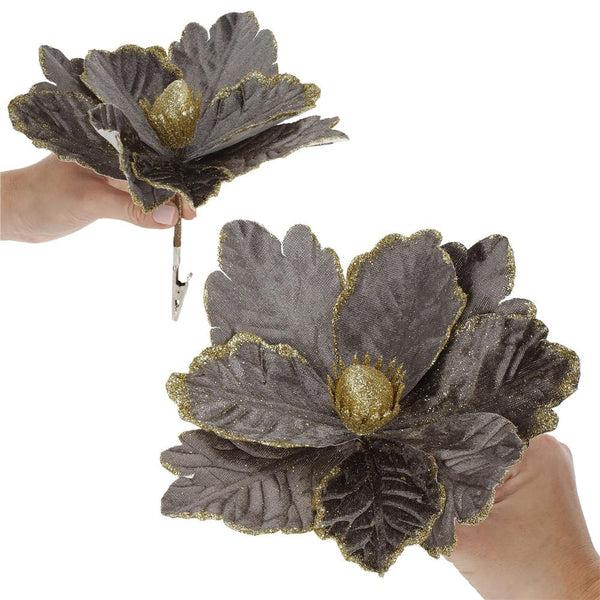 Set 5 ornamente pentru bradul de Craciun, stea Poinsettia, 23cm, gri auriu
