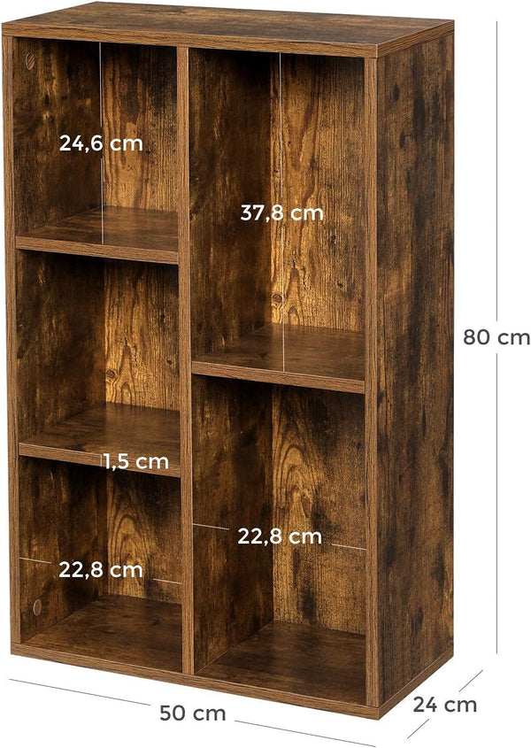 VASAGLE Biblioteca, raft cu 5 unitati de depozitare, pentru living, din lemn, 50x24x80cm, maro rustic