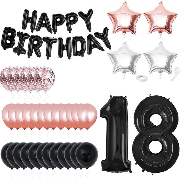 Set 53 baloane si decoratiuni Aniversare Majorat 18 Ani, negru roz