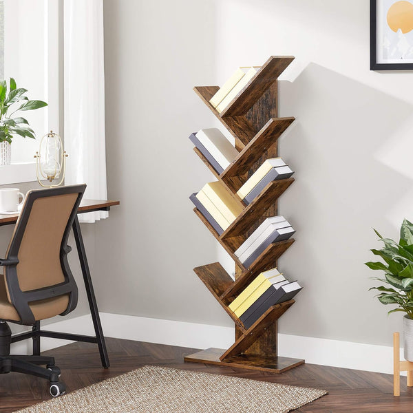 VASAGLE Biblioteca de podea cu 8 etaje, cu rafturi din lemn in forma V, 25x141x50cm, maro rustic