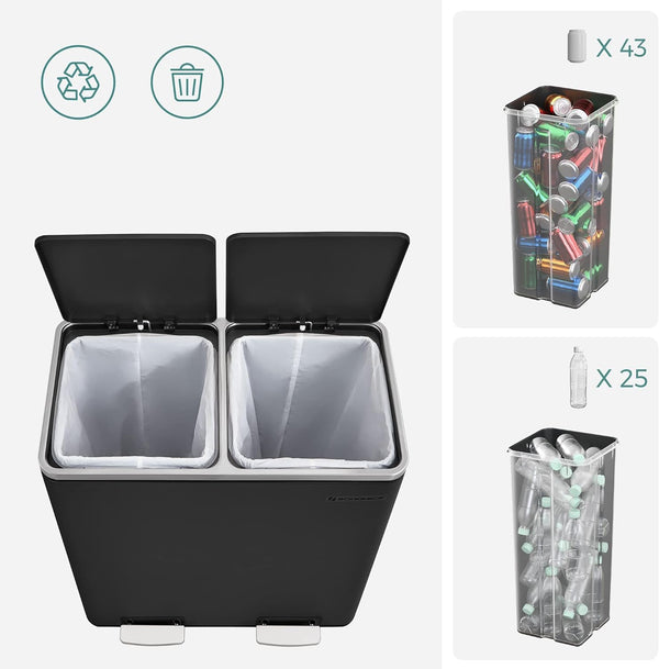 SONGMICS Cos de gunoi din inox cu 2 compartimente colectare selectiva, cu galeti interioare, 2x30litri, negru
