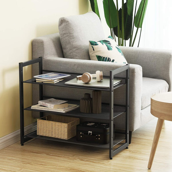 SONGMICS Raft de depozitare pantofi pe 3 niveluri, metal, rafturi plate sau unghiulare reglabile, 31x74x63cm, negru
