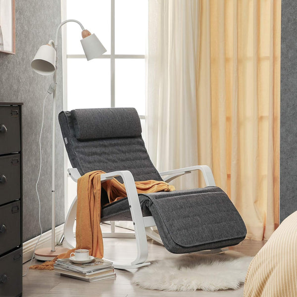 SONGMICS Scaun balansoar din lemn, suport picioare reglabil, maxim 150kg, 67x115x91cm, gri si alb