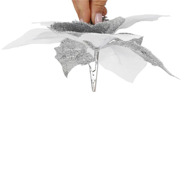 Set 5 ornamente pentru bradul de Craciun, stea Poinsettia, 23cm, alb argintiu