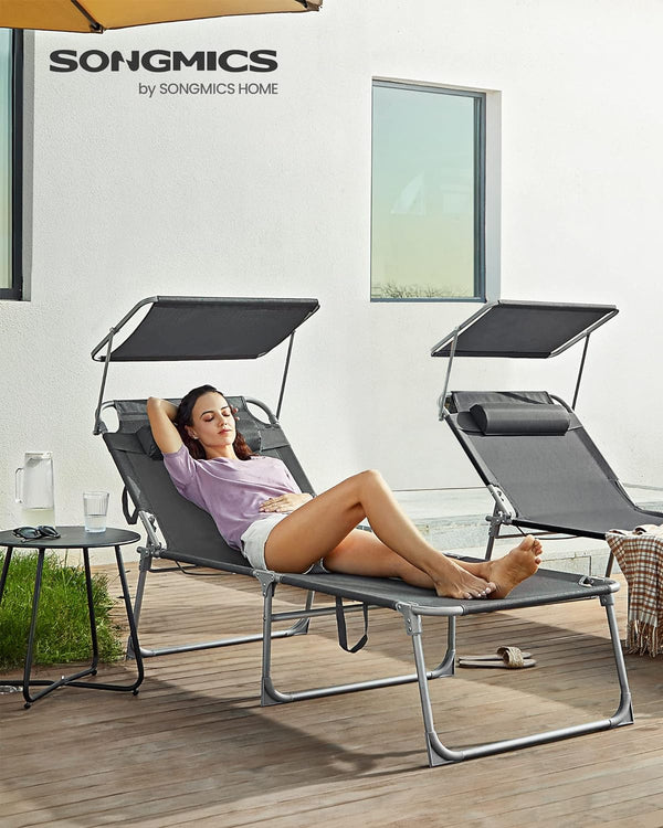 SONGMICS Sezlong pliabil, cu parasolar si tetiera, spatar reglabil in 4 pozitii, maxim 150kg, 200x71x38cm, gri
