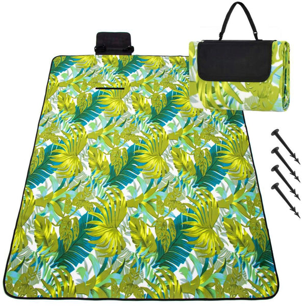 Patura pentru picnic sau plaja, cu folie izolatoare si maner, 150x200cm, model frunze, verde