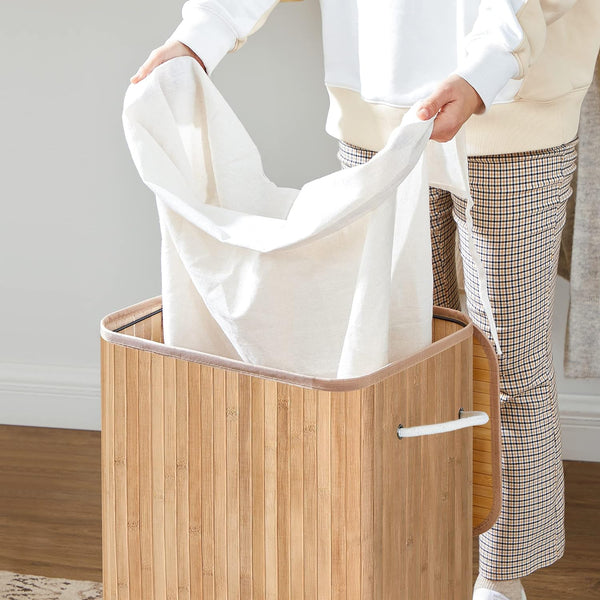SONGMICS Cos de rufe din bambus, pliabil, cu captuseala detasabila lavabila, 72L, 40x30x60cm, natural