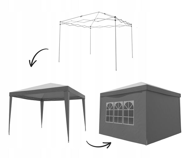 Cort pavilion de gradina pliabil, instalare automata pop-up, material textil oxford impermeabil, cu 4 pereti laterali, 300x300cm, gri