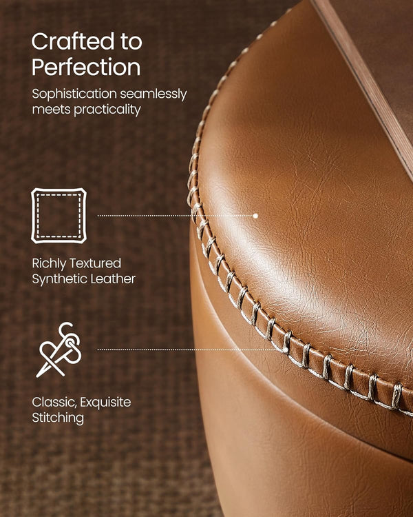 VASAGLE Taburet cu spatiu de depozitare, tapitat PU, cu 2 fete, diametru 32 cm, maro