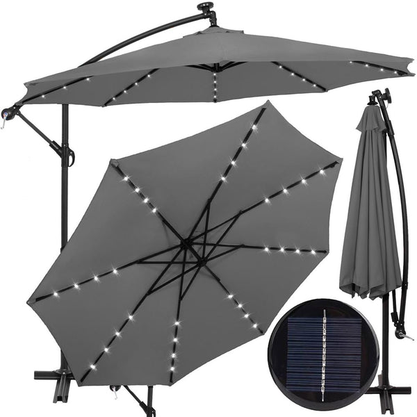 Umbrela de gradina cu brat lateral banana, iluminare LED, cu husa, 300cm, gri