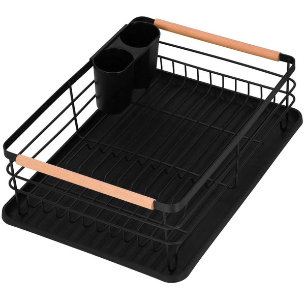 Uscator de vase cu suport tacamuri, din otel, cu tava de scurgere, manere lemn, 42x32x15cm, negru