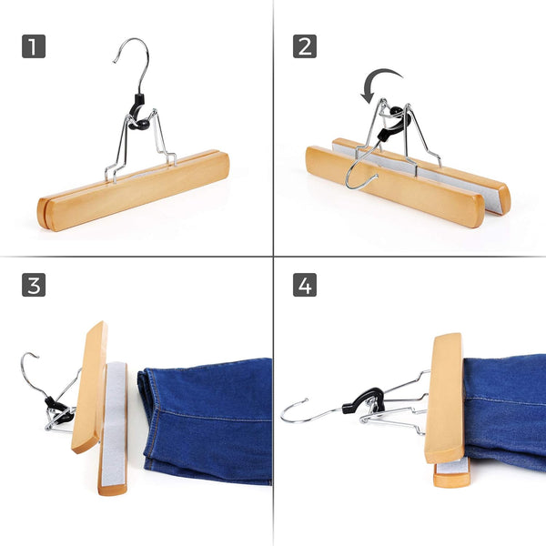 SONGMICS Set de 12 umerase din lemn pentru pantaloni, carlig antiderapant rotativ, 25cm, natural