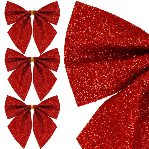 Set 3 ornamente pentru bradul de Craciun, fundita, 11cm, rosu