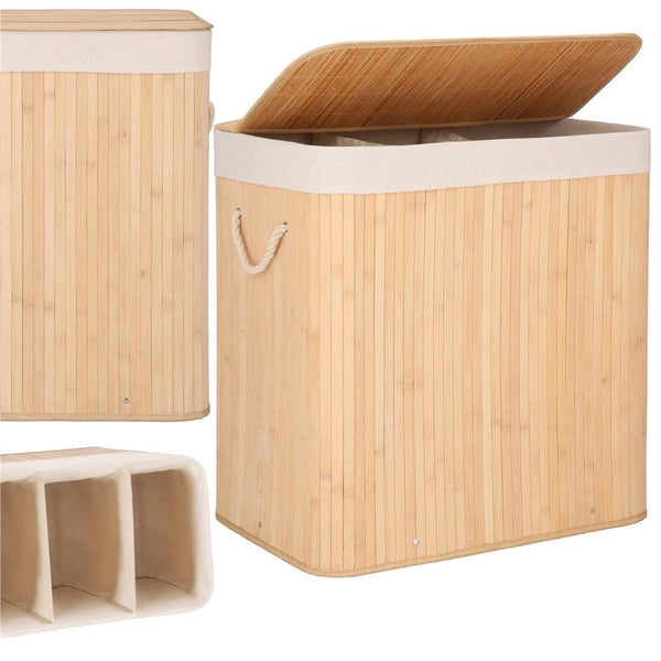 Cos de rufe din bambus, pliabil, cu captuseala detasabila lavabila, 3 compartimente, 150L, 63x42x62cm, maro