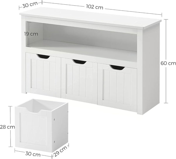 VASAGLE Comoda cu spatiu depozitare jucarii, 3 dulapuri mobile, 102x30x60 cm, alb